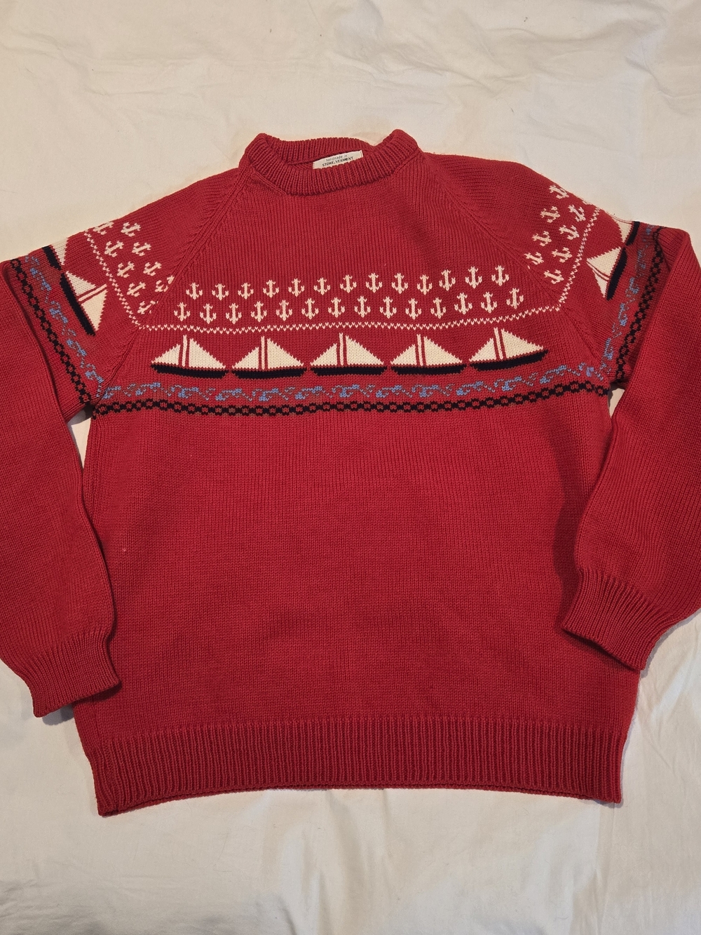 Men's 100% Wool Red Nautical Crewneck Sweater - Picture 8 of 11
